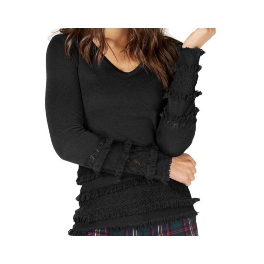 Trina Turk Black 100% Merino Wool Tiered Fringe Pointelle Sweater‎ Womens XS